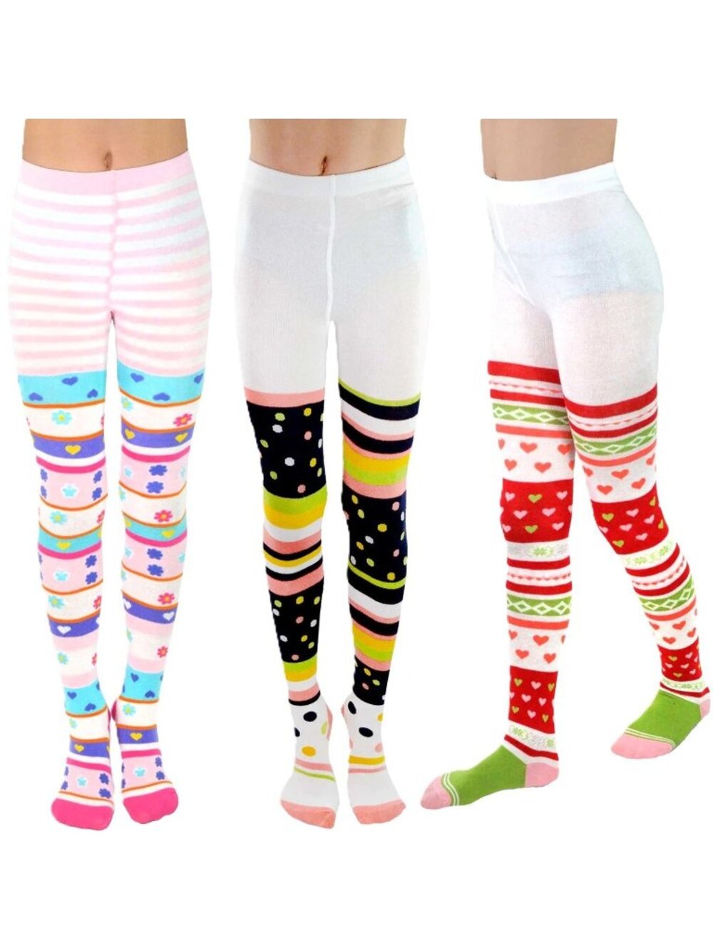 Little Girls Fashion Casual Cotton Tights 3 Pairs Stripes Hear Flowers 9-10